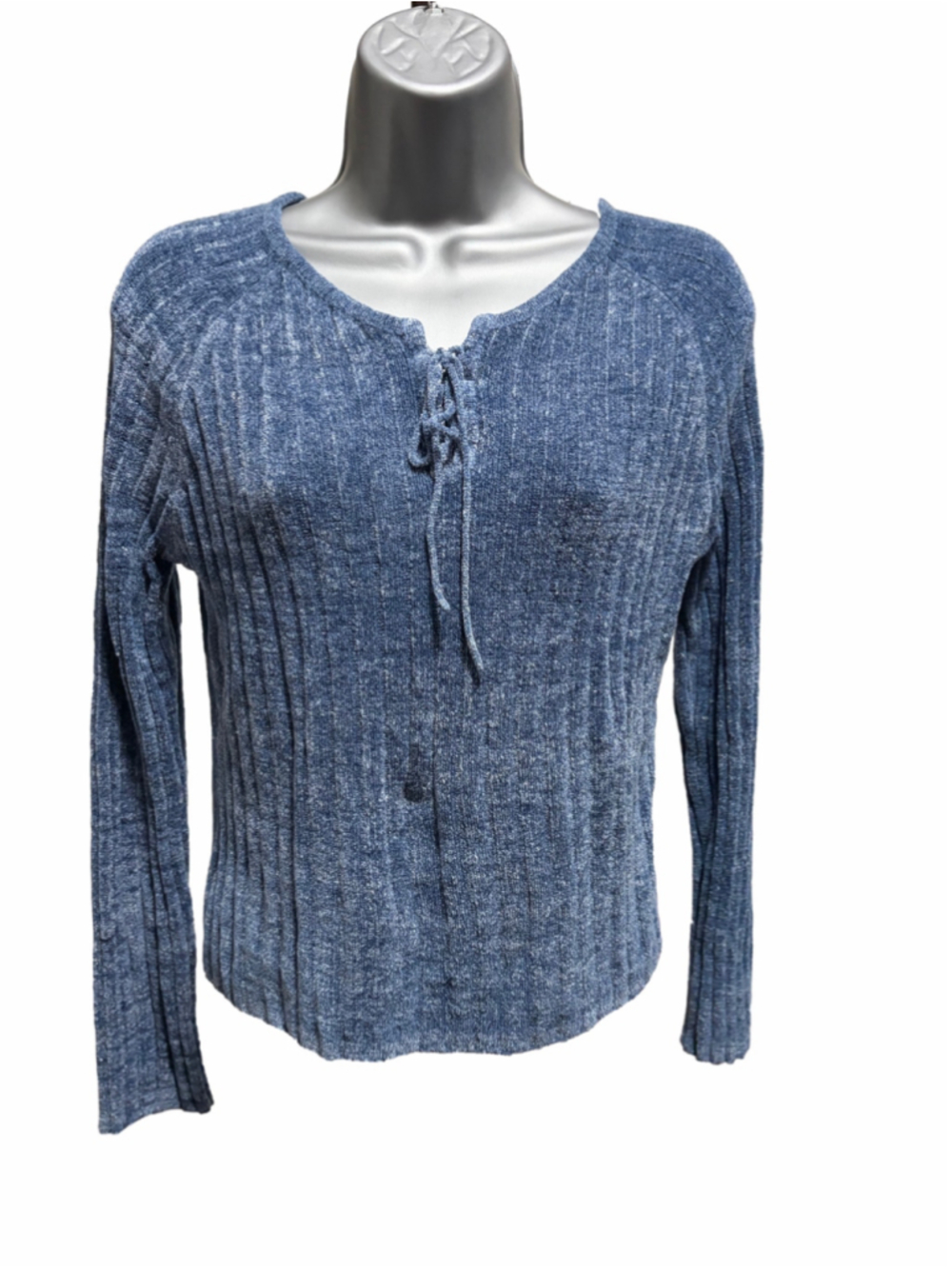 No Boundaries Blue Chenille Ribbed Lace-Up Sweater — Juniors XL